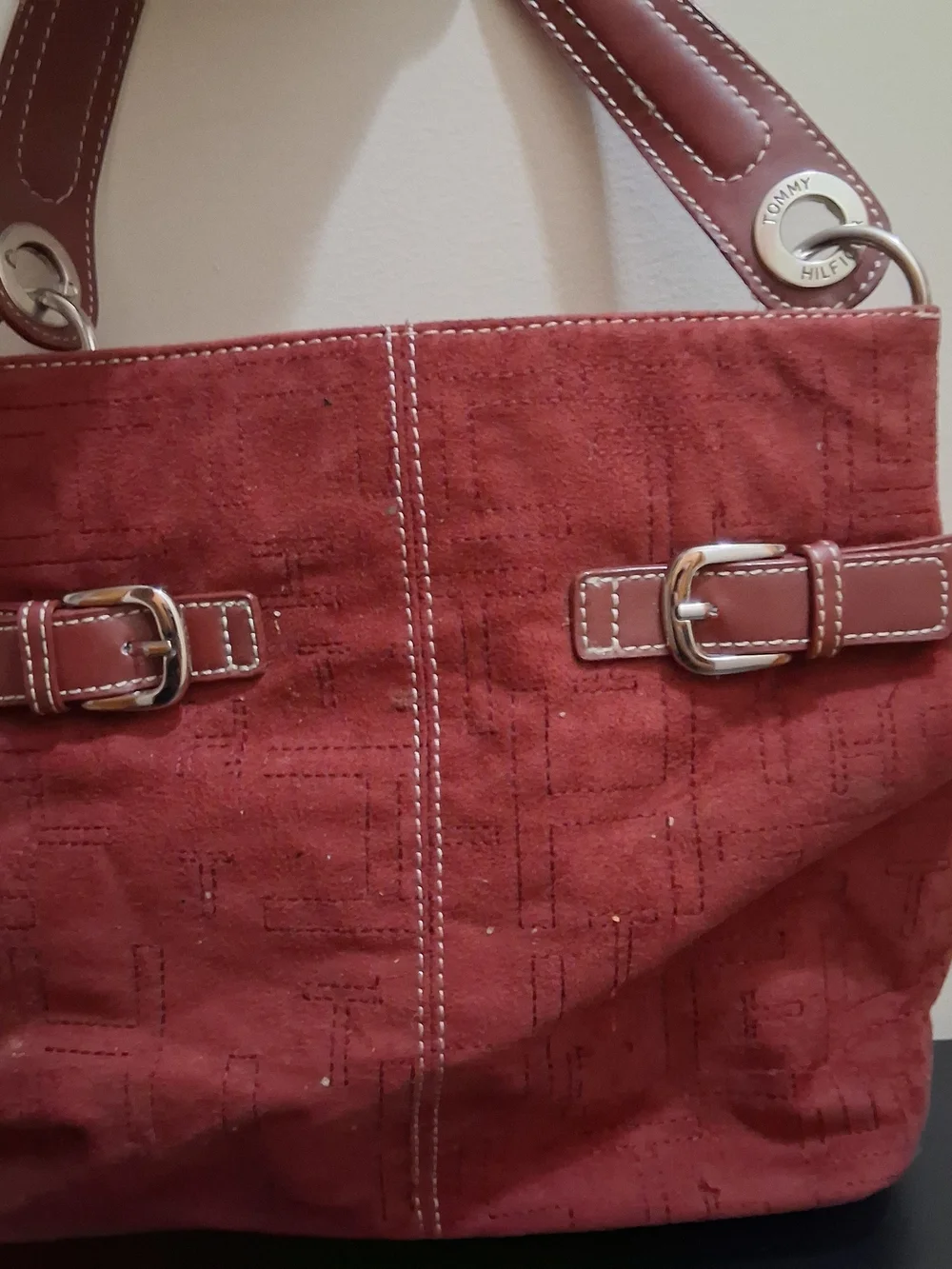 Tommy Hilfiger Red Suede Shoulder Tote with Buckle Accents